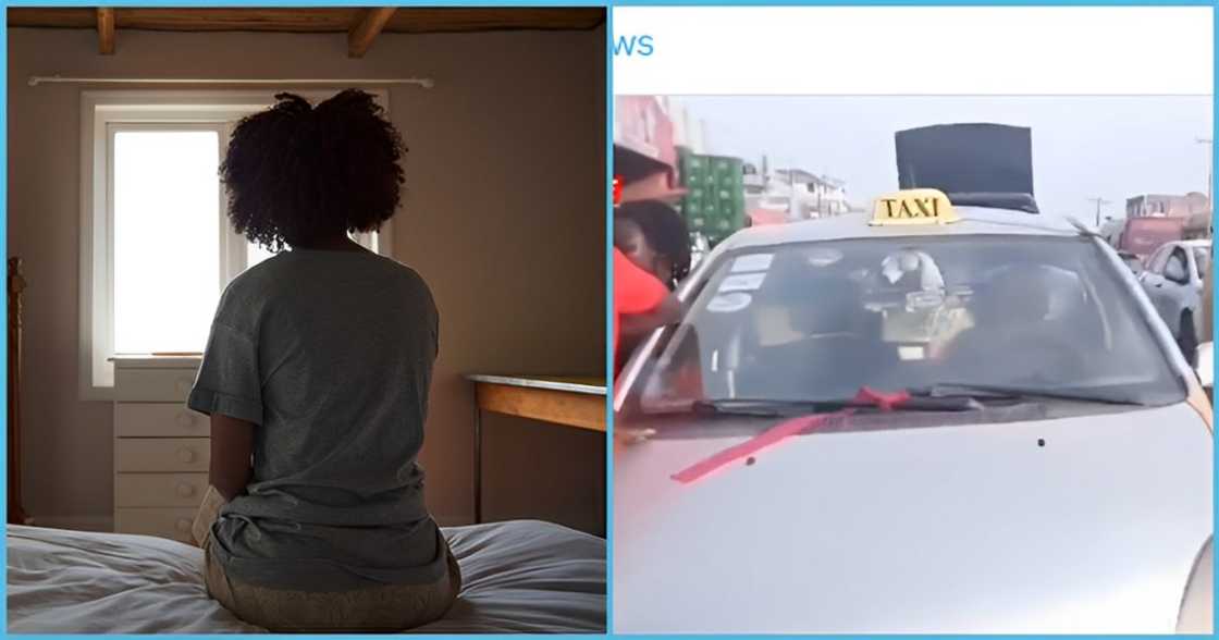 Photo of a lady and a taxi cab Photo of a lady and a taxi cab