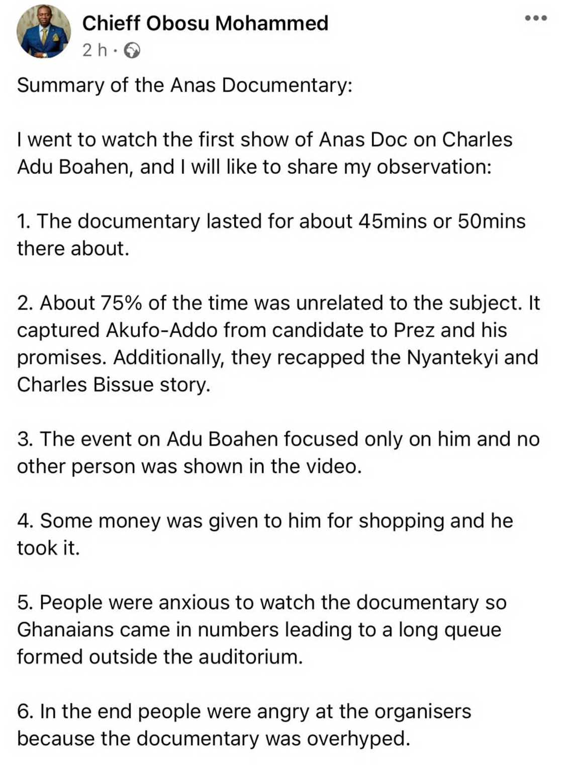 This is how a commentator summarised the documentary on Facebook. This is how a commentator summarised the documentary on Facebook.