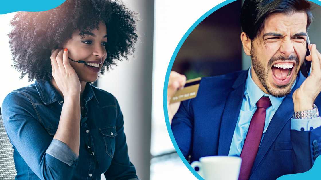 A smiling female customer service representative talking through headphones (L), a businessman shopping online, is reporting a problem with his credit card (R)