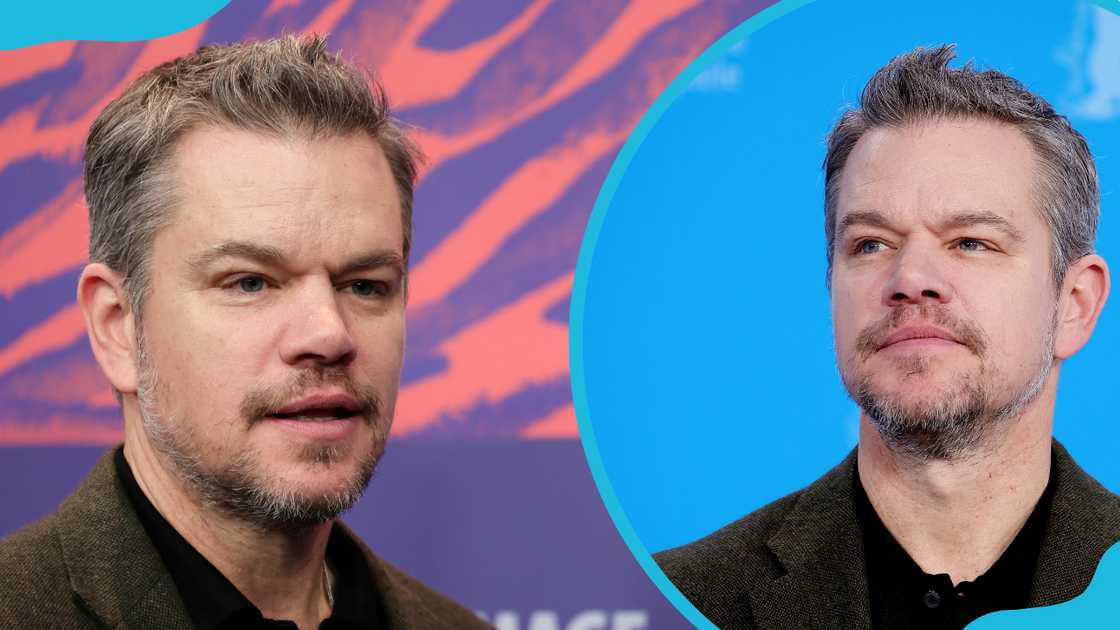 Matt Damon speaks at the "Small Things Like These" press conference during the 74th Berlinale International Film Festival Berlin (L). He poses at the "Small Things Like These" photocall during the 74th Berlinale International Film Festival Berlin