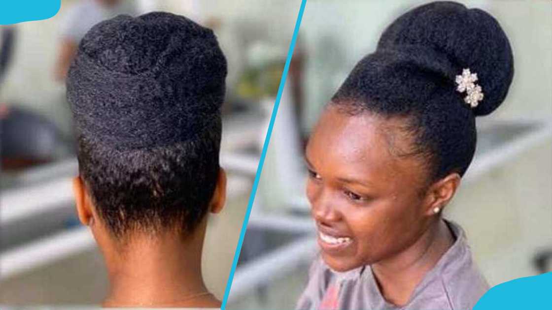 A lady wearing a large-sized kinky high bun A lady wearing a large-sized kinky high bun