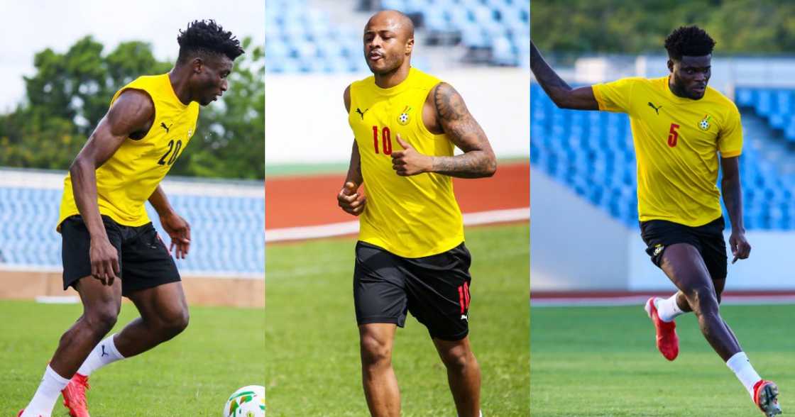 Black Stars players, Mohammed Kudus, Thomas Partey and Andre Ayew. SOURCE: Twitter/ @Team_GhanaMen