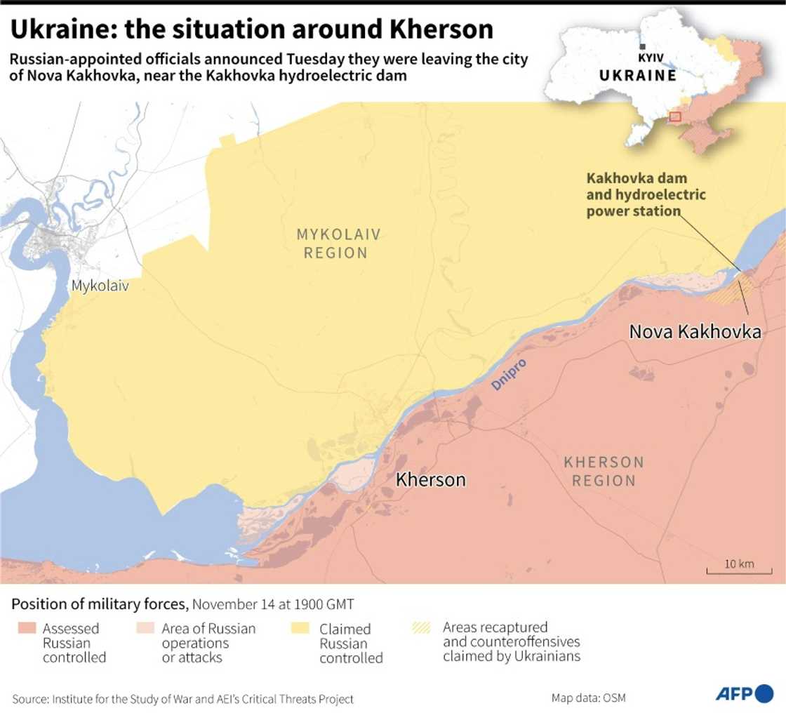 Map showing the Ukrainian city of Kherson and the surrounding region