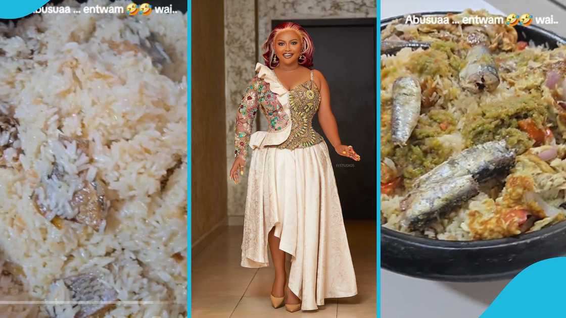 Nana Ama McBrown, Ghanaian actress, food, oil rice, fish, sardine, koobi, eggs Nana Ama McBrown, Ghanaian actress, food, oil rice, fish, sardine, koobi, eggs