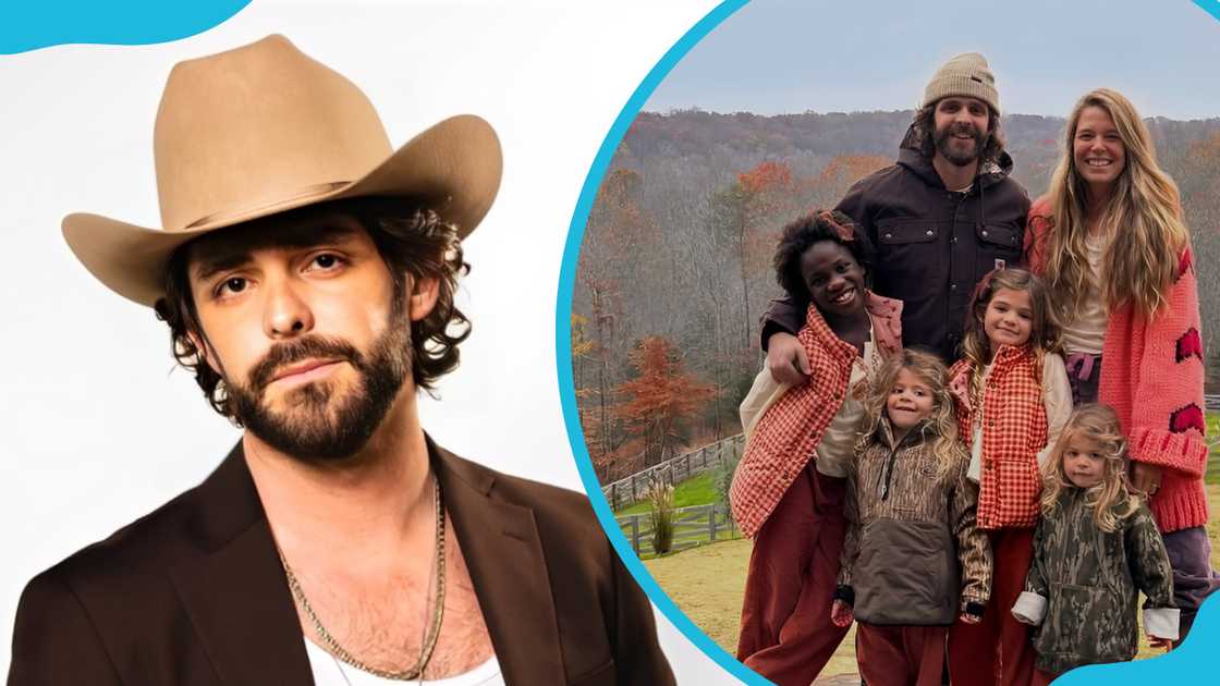 Thomas Rhett in a brown cape (L). Rhett, his wife, and their children (R). Thomas Rhett in a brown cape (L). Rhett, his wife, and their children (R).
