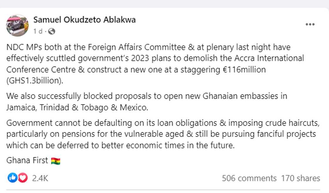 Okudzeto Ablakwa has celebrated the blocking of the 1.3 billion cedis allocated for the demolition and reconstruction of the conference centre.