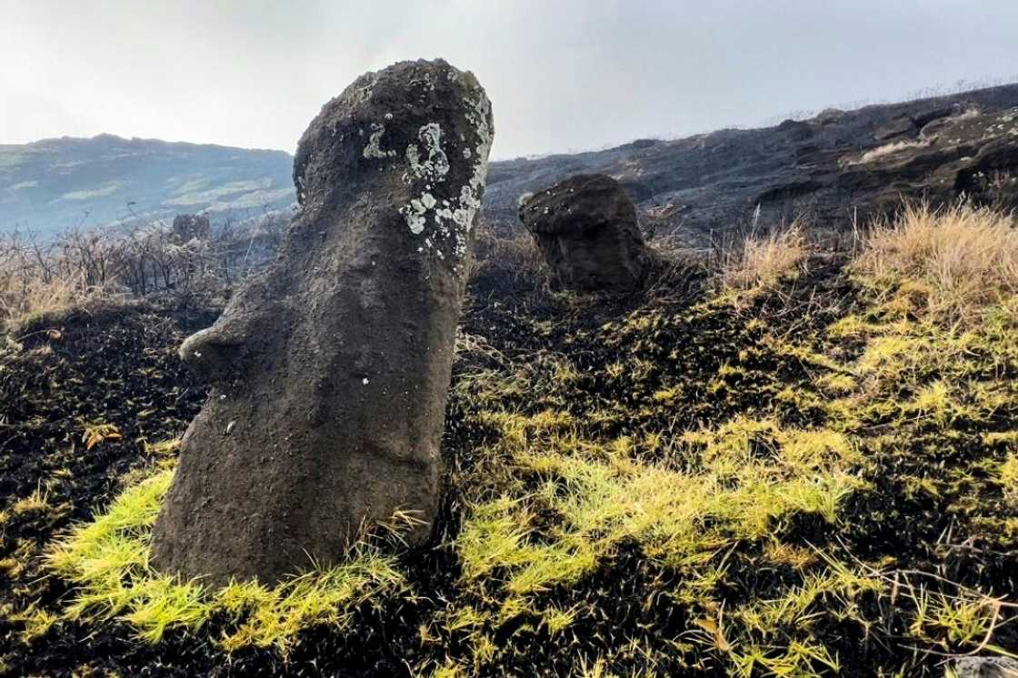 This handout picture released by the Rapa Nui municipality shows moai -- stone statues of the Rapa Nui culture -- affected by a fire at the Rapa Nui National Park on Easter Island, Chile This handout picture released by the Rapa Nui municipality shows moai -- stone statues of the Rapa Nui culture -- affected by a fire at the Rapa Nui National Park on Easter Island, Chile