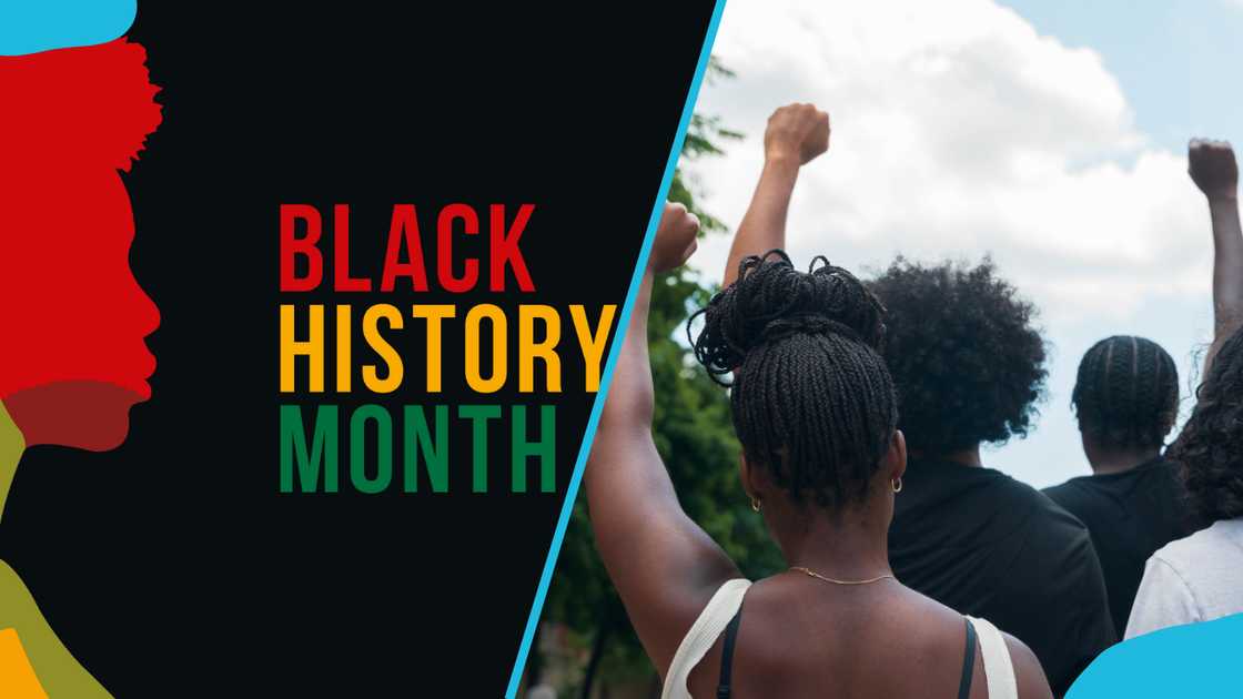 Black History Month illustration banner (L) A group of African American people protest (R). Black History Month illustration banner (L) A group of African American people protest (R).