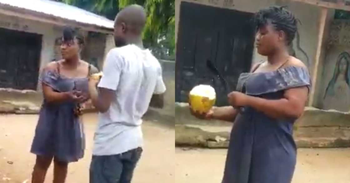 Ghanaian lady sells coconut to a male client Ghanaian lady sells coconut to a male client