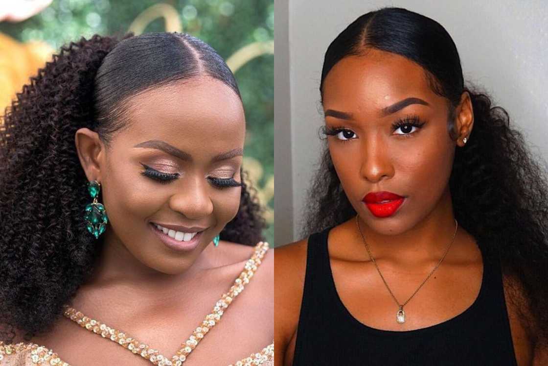 Centre parted gel style with a curly low ponytail packing gel style Centre parted gel style with a curly low ponytail packing gel style