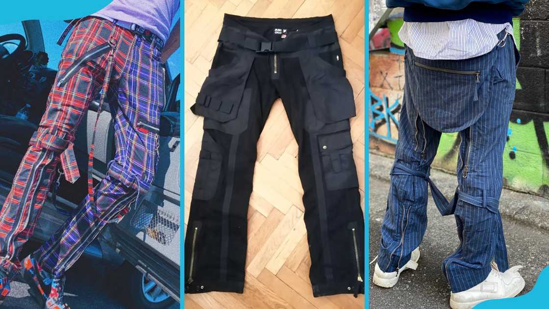 Bondage pants in three variations; plaid (L), black (C) and pinstripe (R). Bondage pants in three variations; plaid (L), black (C) and pinstripe (R).