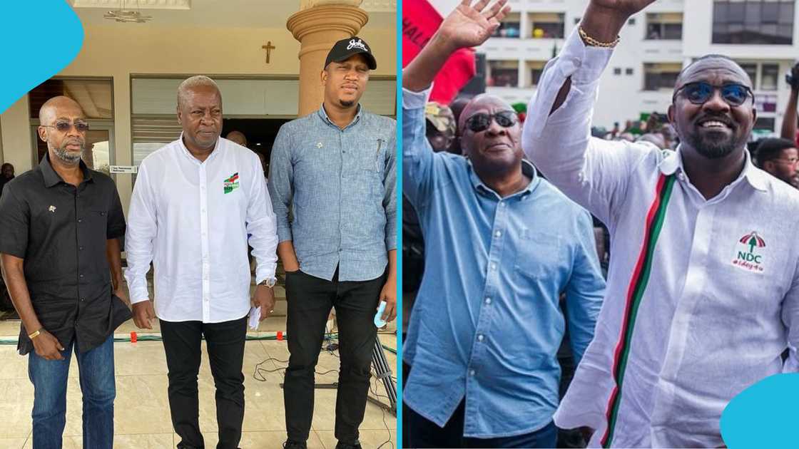 John Mahama poses with John Dumelo, Rex Omar, and Baba Sadiq at NDC events