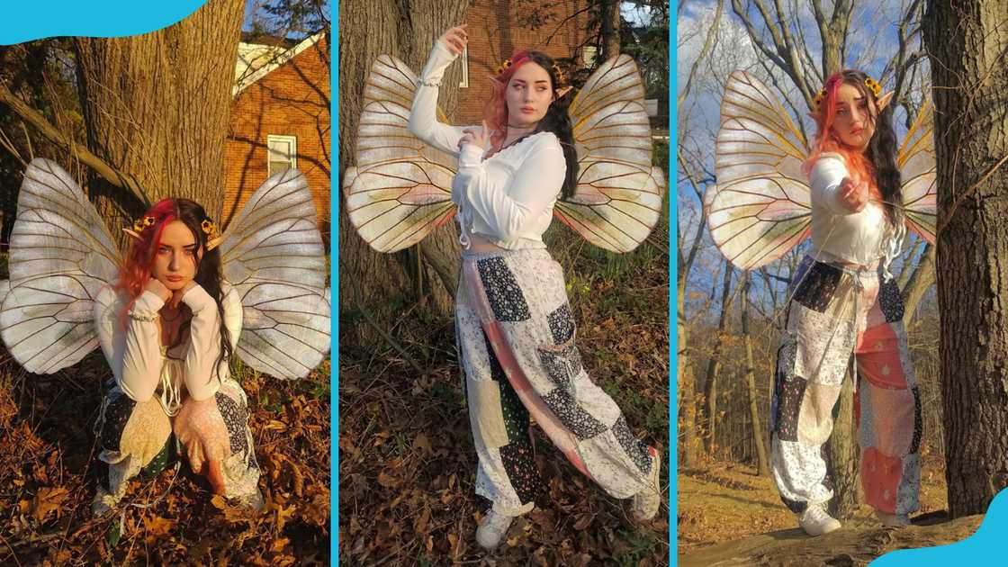 A model showcases a modern fairy themed outfit. A model showcases a modern fairy themed outfit.