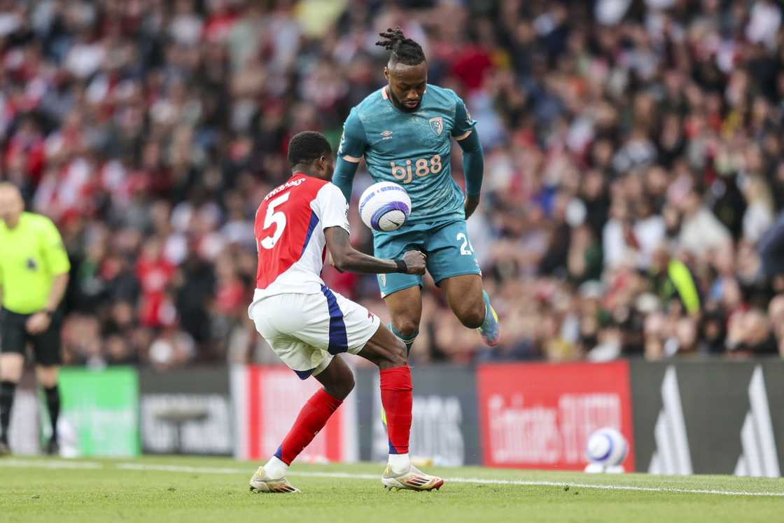 Thomas Partey of Arsenal and Antoine Semenyo of Bournemouth during the Premier League match between Arsenal FC and AFC Bournemouth at Emirates Stadium on May 03, 2025 in London, England Thomas Partey of Arsenal and Antoine Semenyo of Bournemouth during the Premier League match between Arsenal FC and AFC Bournemouth at Emirates Stadium on May 03, 2025 in London, England