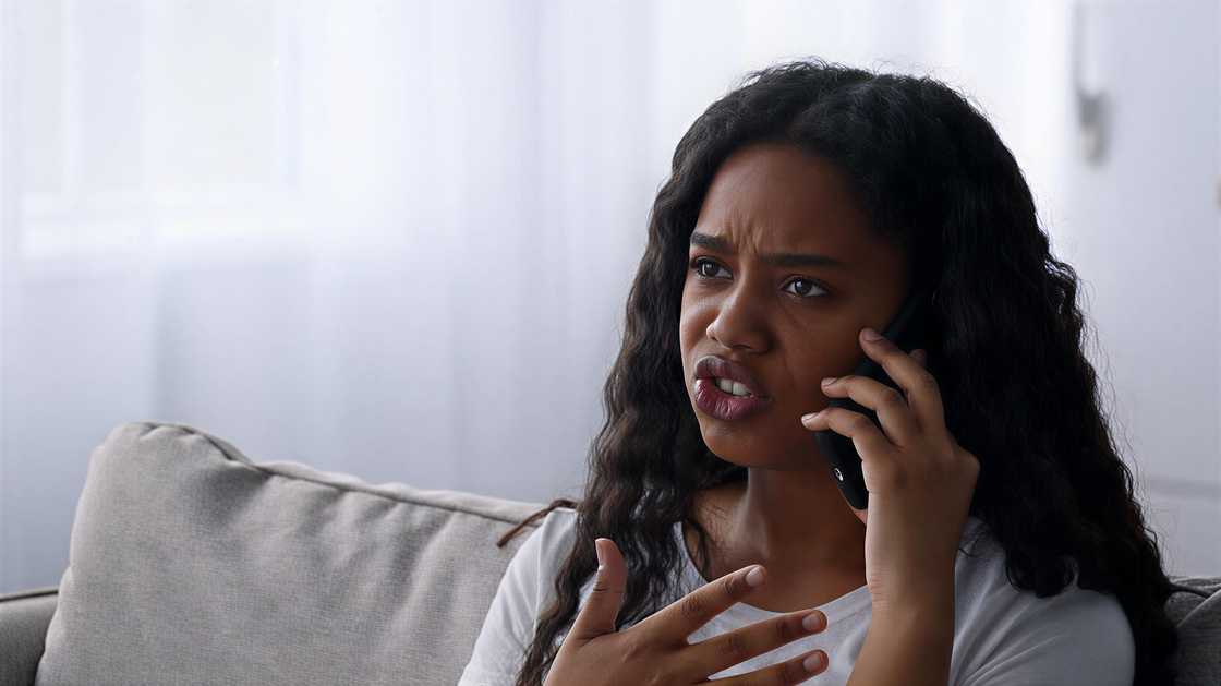 Close-up shot of a black teen girl emotionally talking on a cellphone Close-up shot of a black teen girl emotionally talking on a cellphone