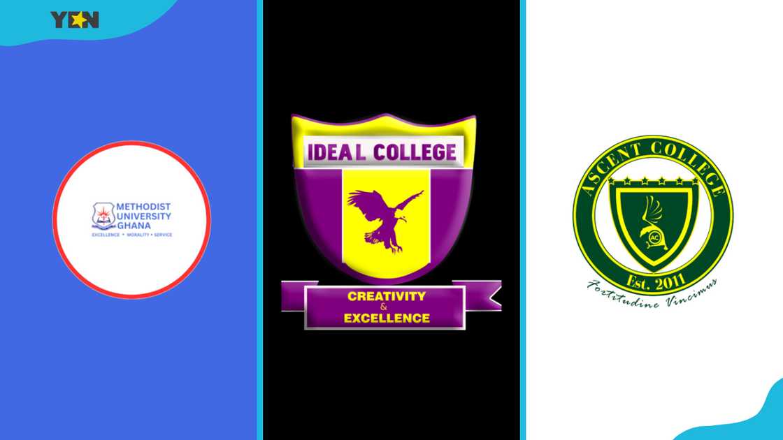 Logos of three top remedial schools in Ghana: Methodist University College Ghana, Ideal College, and Ascent College.