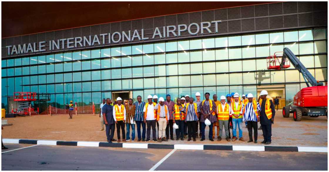 Construction workers pose with Vice-President of Ghana, Mahamudu Bawumia infront of the Tamale International Airport Construction workers pose with Vice-President of Ghana, Mahamudu Bawumia infront of the Tamale International Airport