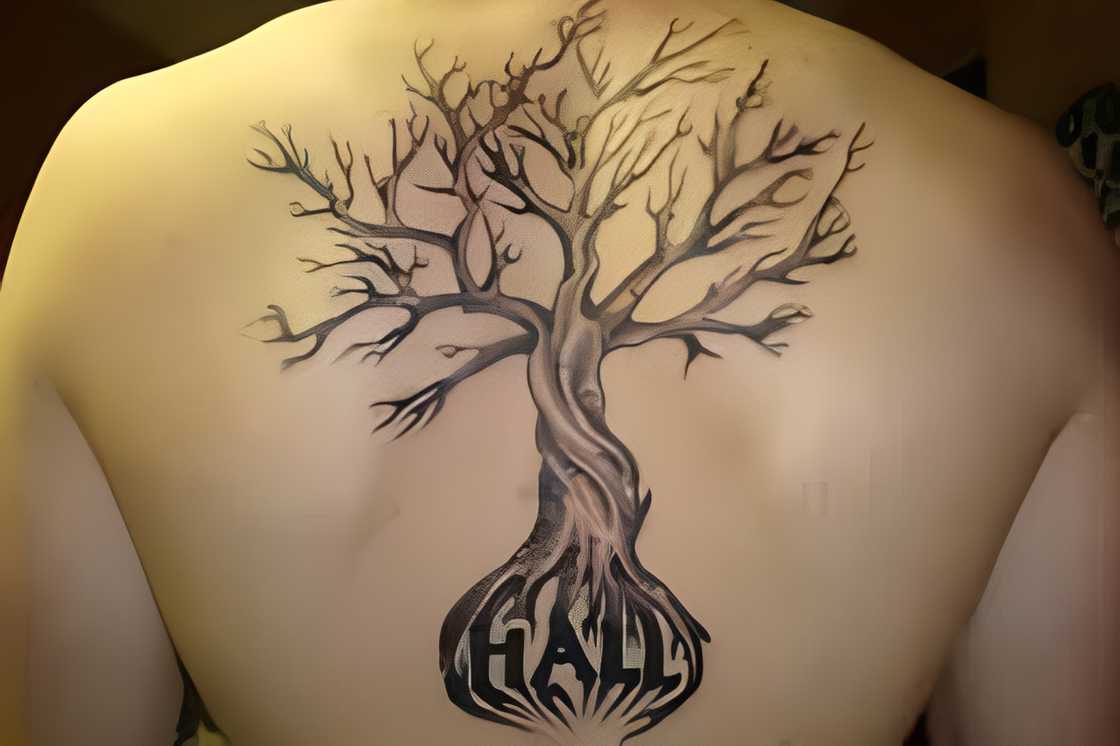 A man has a tree tattoo on his half back A man has a tree tattoo on his half back