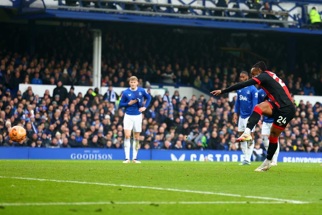 Premier League forward Antoine Semenyo scores a penalty during Everton vs Bournemouth in the FA Cup Premier League forward Antoine Semenyo scores a penalty during Everton vs Bournemouth in the FA Cup