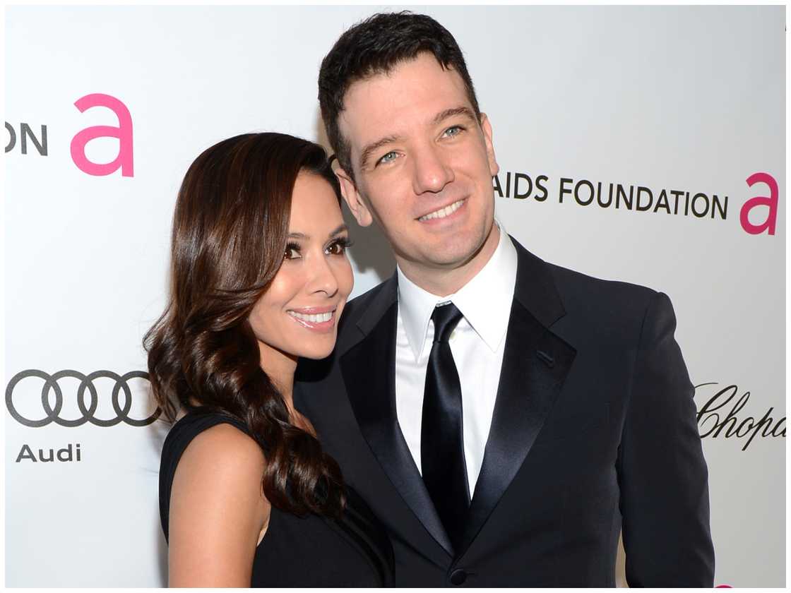 JC Chasez (R) and Kathryn Smith attend the 21st Annual Elton John AIDS Foundation Academy Awards Viewing Party.
