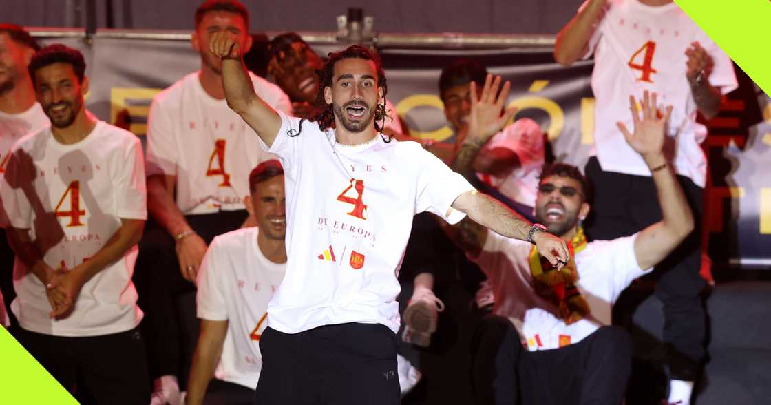 Marc Cucurella of Spain celebrates during the Spain EURO 2024 Trophy Parade on July 15, 2024, in Madrid, Spain. Marc Cucurella of Spain celebrates during the Spain EURO 2024 Trophy Parade on July 15, 2024, in Madrid, Spain.