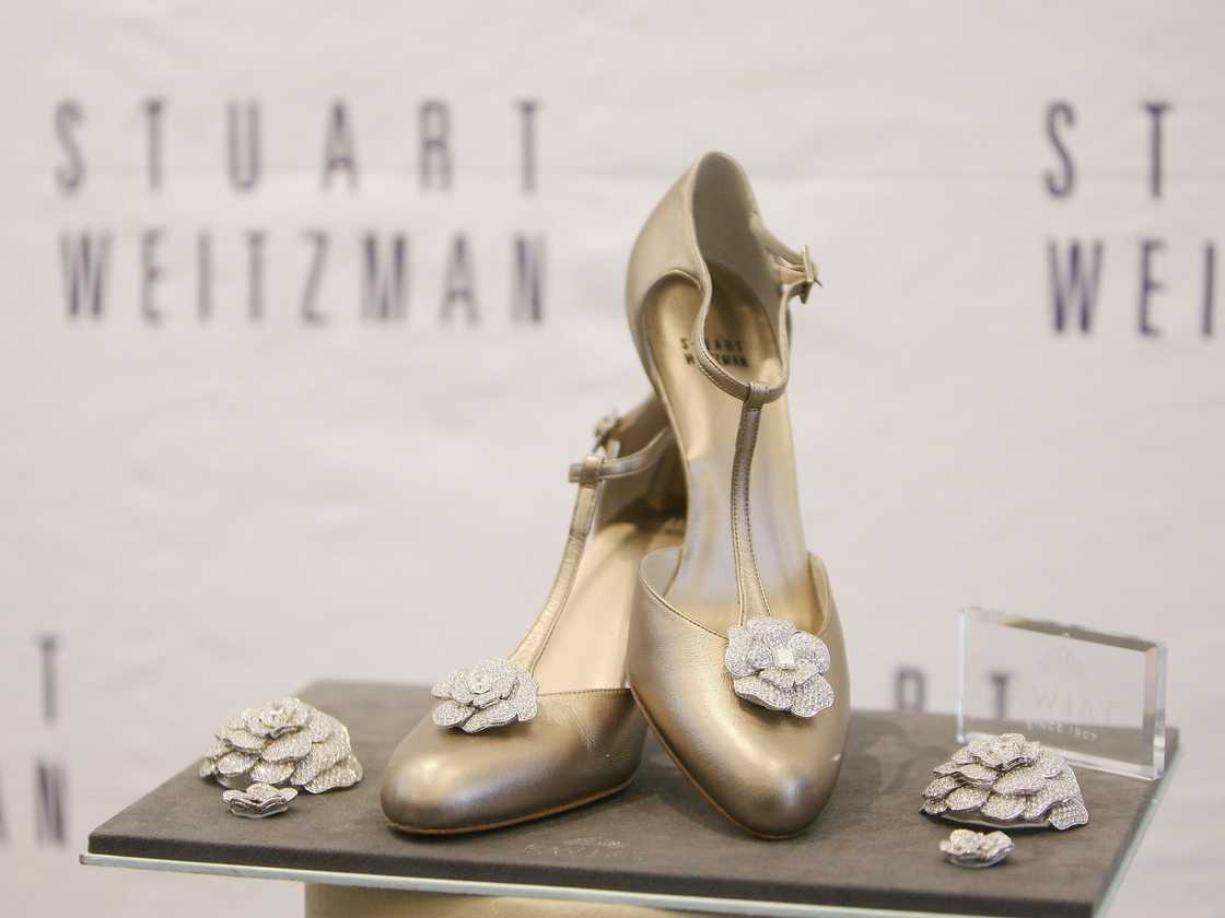 The Retro Rose shoes are displayed at the Stuart Weitzman press conference