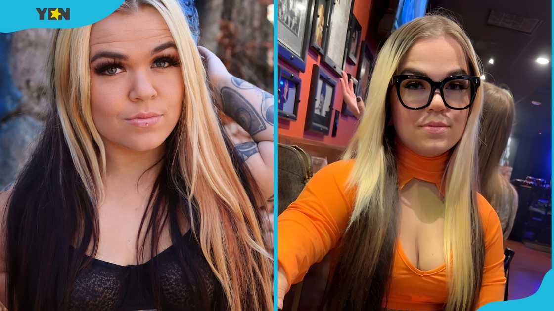 Caylea Woodbury poses for photo (L). She takes a selfie (R) Caylea Woodbury poses for photo (L). She takes a selfie (R)