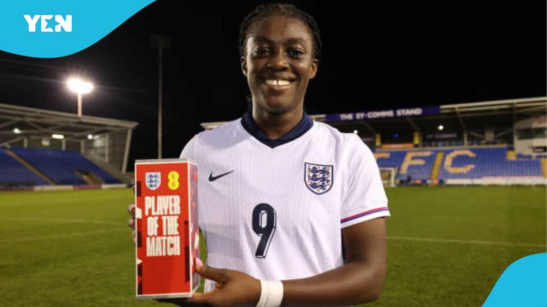 Michelle Agyemang receives the Player of the Match award while representing England's female youth team. Michelle Agyemang receives the Player of the Match award while representing England's female youth team.