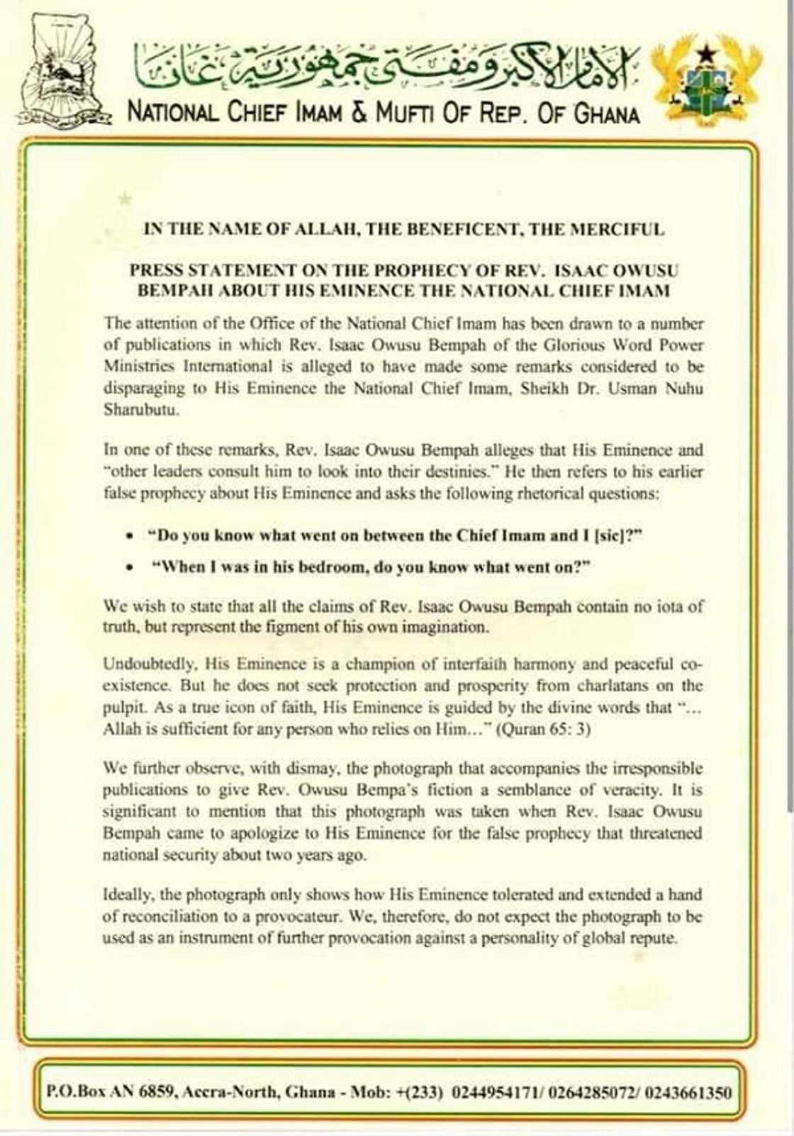 National Chief Imam's press statement on Owusu Bempah's claims National Chief Imam's press statement on Owusu Bempah's claims