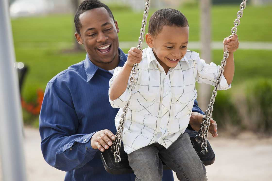 A man pushes a child on a swing. A man pushes a child on a swing.