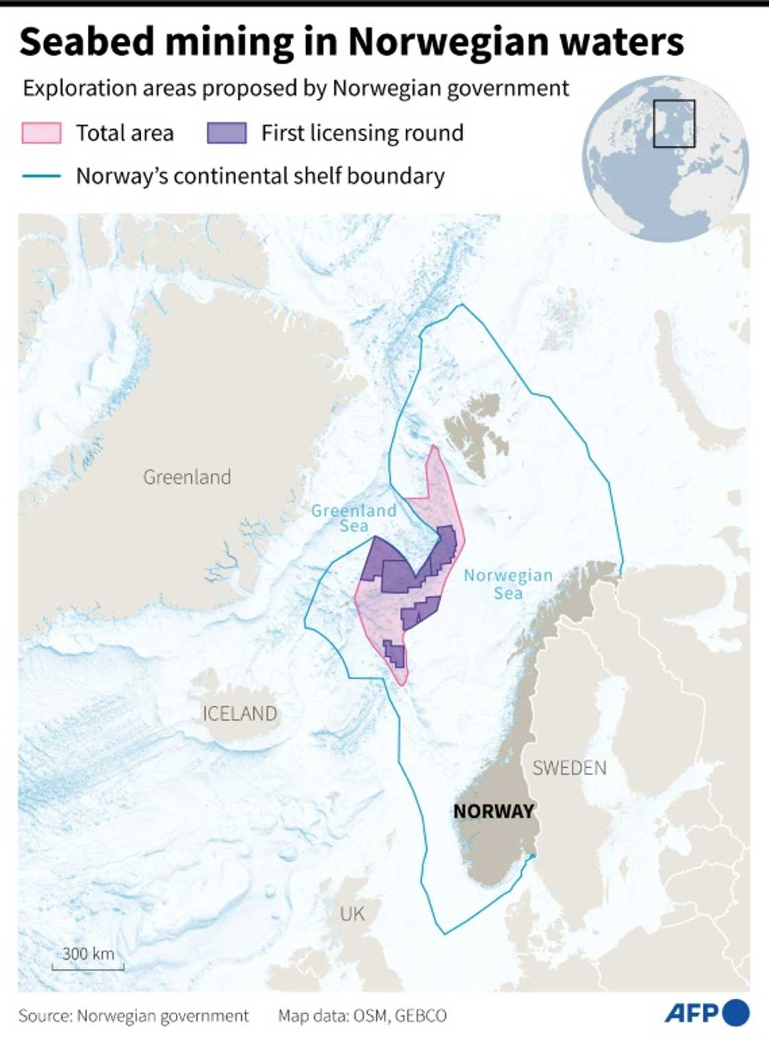 Map of Norway showing the marine zones where the government has proposed to offer seabed mining exploration licences