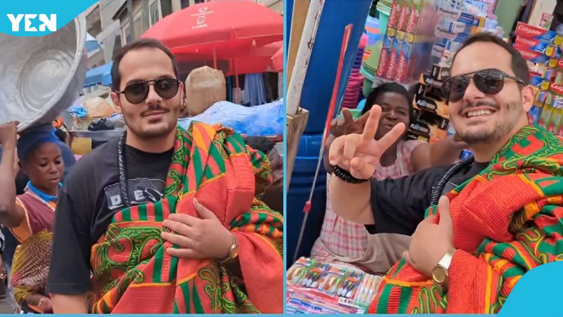 An Obroni tours Makola Market wrapped in a Kente in a trending video.