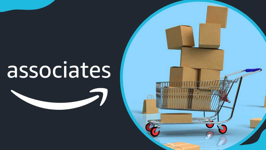 Amazon Associates logo and boxed pilled on a cart Amazon Associates logo and boxed pilled on a cart