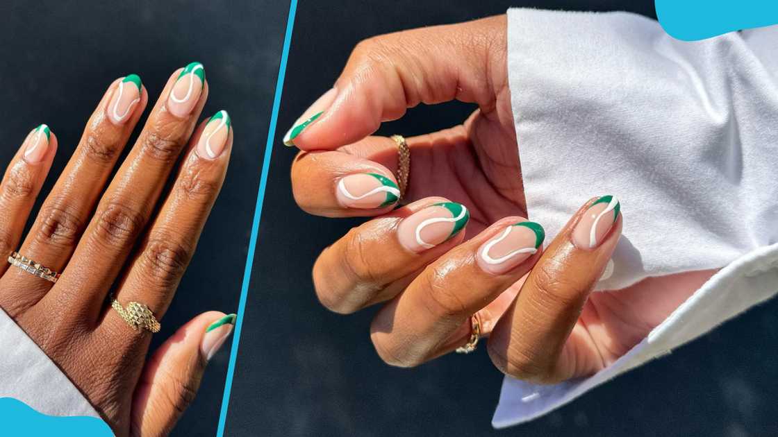 Reimagined French green swirl nails Reimagined French green swirl nails
