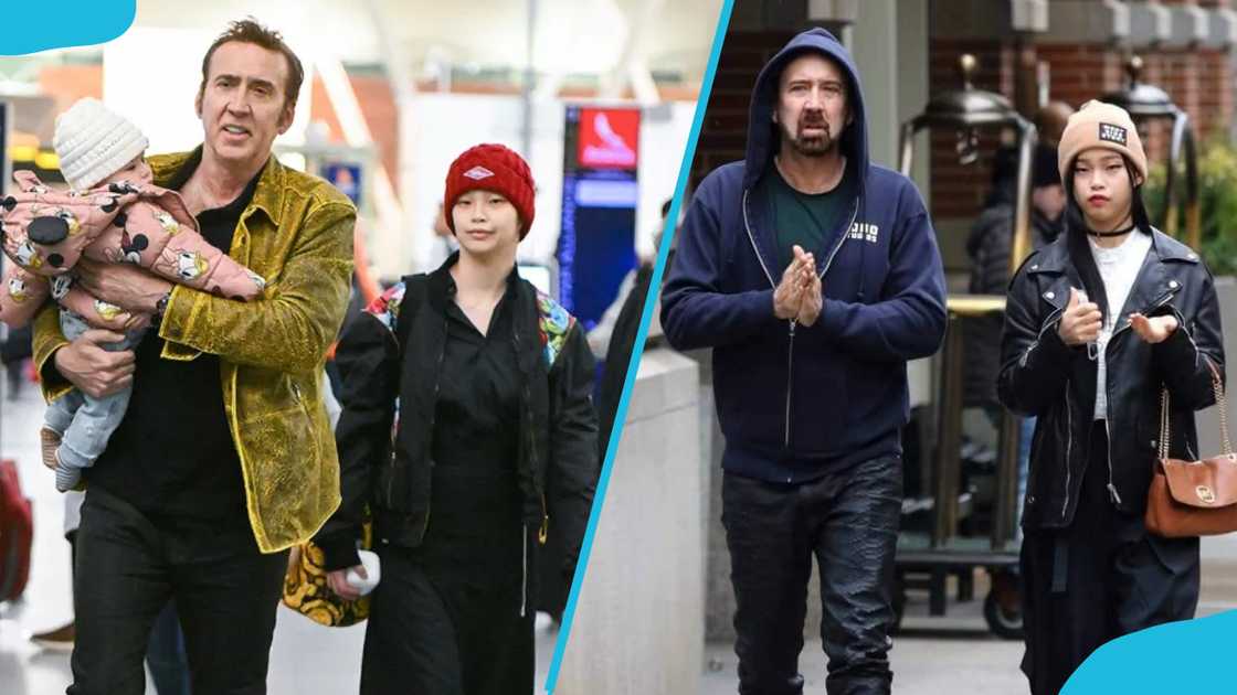 Cage walking outdoors with his wife Riko and their their child Cage walking outdoors with his wife Riko and their their child