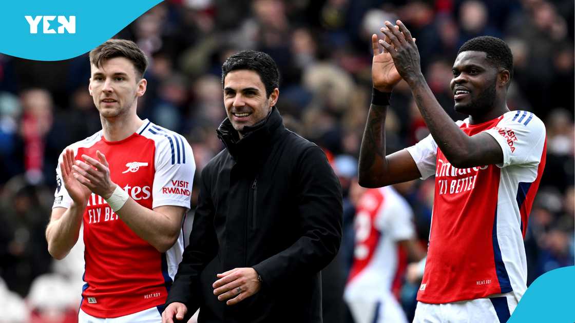 Mikel Arteta, Manager of Arsenal, smiles as Kieran Tierney and Thomas Partey of Arsenal applaud the fans after the team's victory in the Premier League match between Arsenal FC and Chelsea FC at Emirates Stadium on March 16, 2025 in London, England Mikel Arteta, Manager of Arsenal, smiles as Kieran Tierney and Thomas Partey of Arsenal applaud the fans after the team's victory in the Premier League match between Arsenal FC and Chelsea FC at Emirates Stadium on March 16, 2025 in London, England