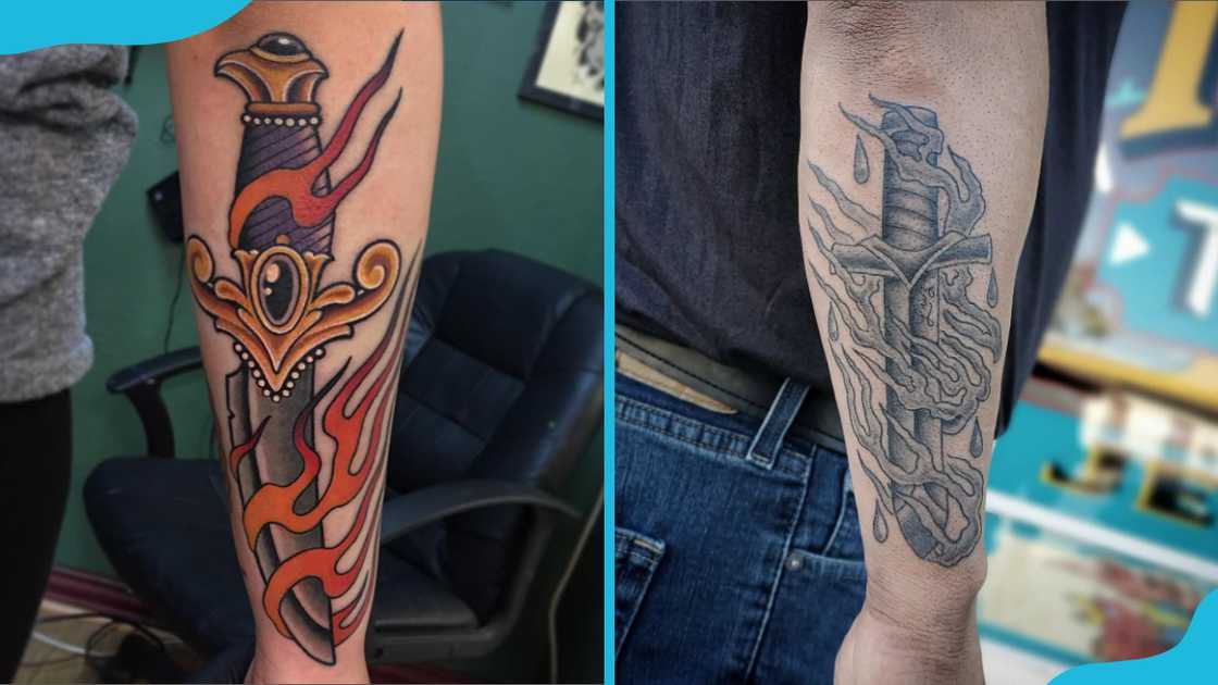 Dagger and flames tattoos