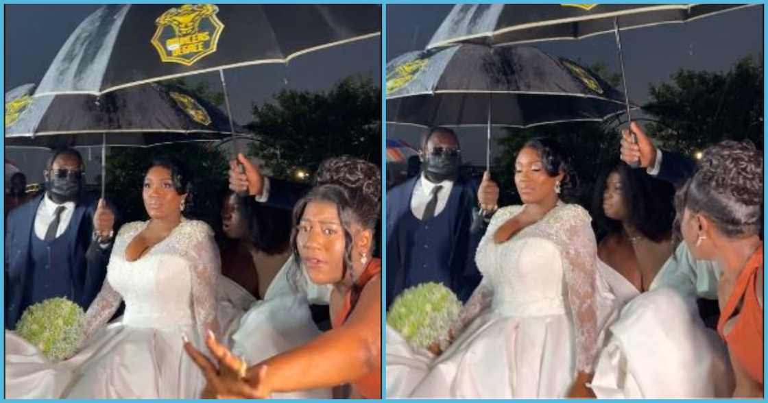 Ghanaian bride walks under umbrella on rainy day