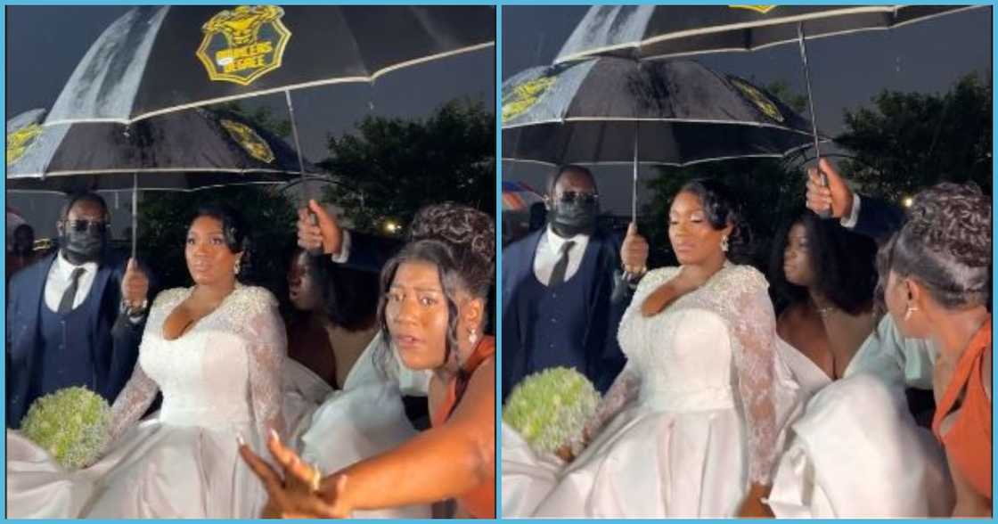 Ghanaian bride walks under umbrella on rainy day Ghanaian bride walks under umbrella on rainy day
