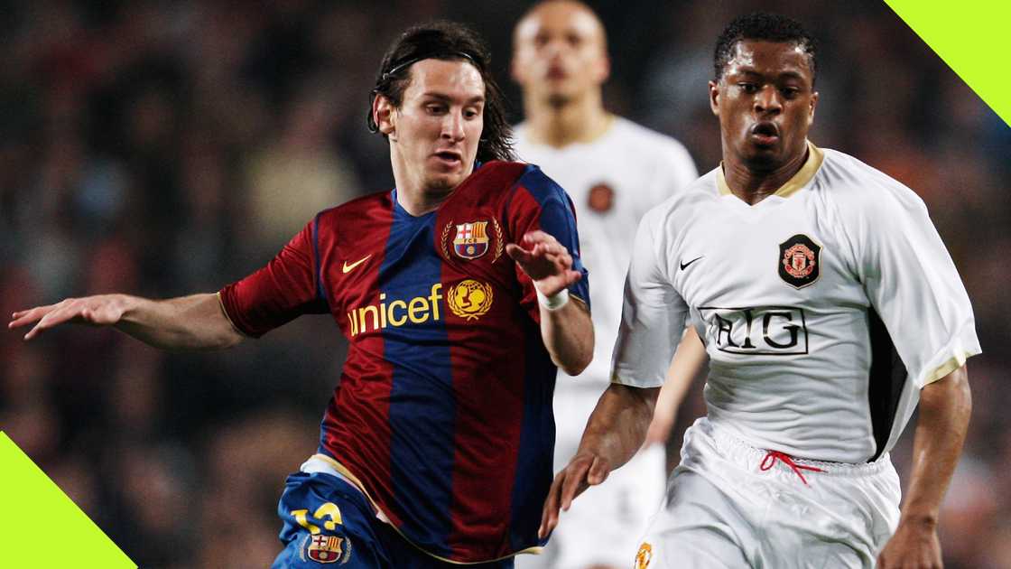 Lionel Messi and Patrice Evra involved in a duel during a Champions League semi-final tie between Barcelona and Manchester United in 2008. Lionel Messi and Patrice Evra involved in a duel during a Champions League semi-final tie between Barcelona and Manchester United in 2008.