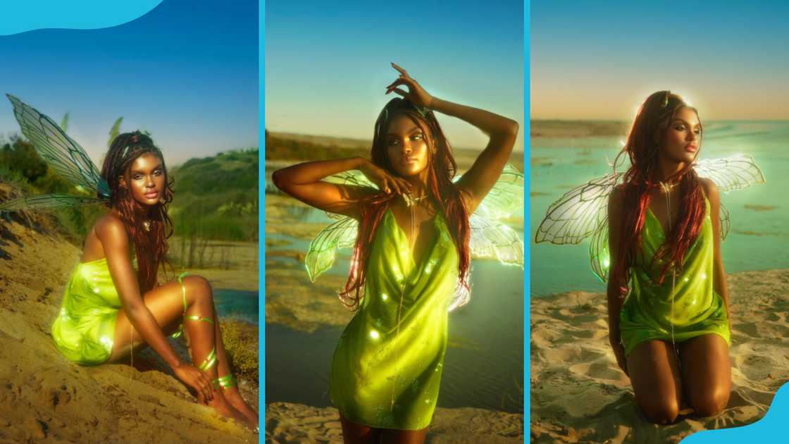 A model showcases a bright green fairy themed outfit. A model showcases a bright green fairy themed outfit.