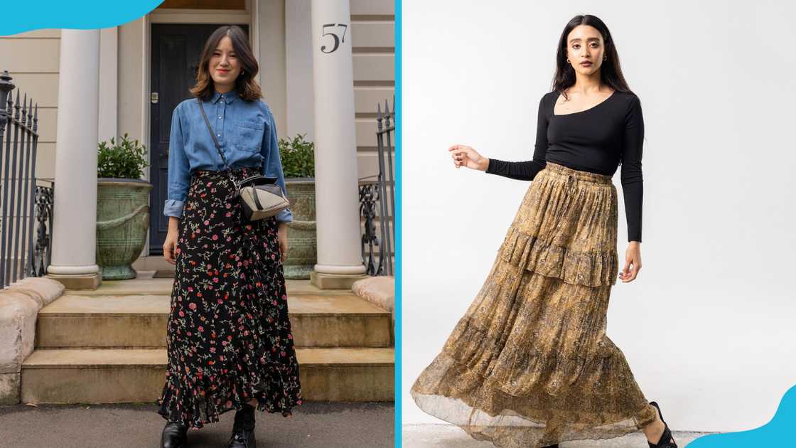 The flowy skirt with a denim top (L) and a black top (R)