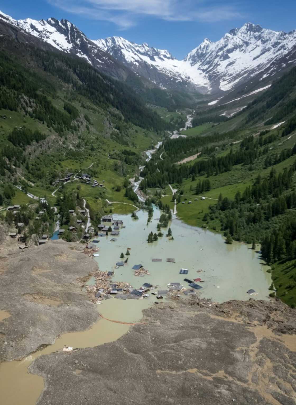 The collapsed glacier has blocked the river Lonza The collapsed glacier has blocked the river Lonza