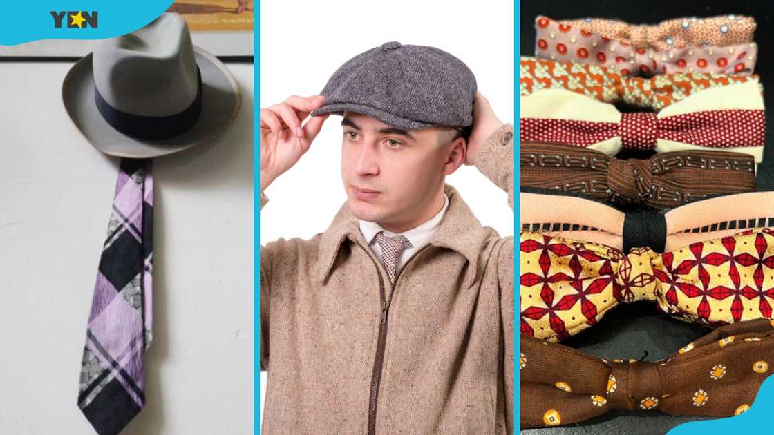 A fedora hat and a tie (L), a man wearing a flat hat (C) and coloured bow ties (R)