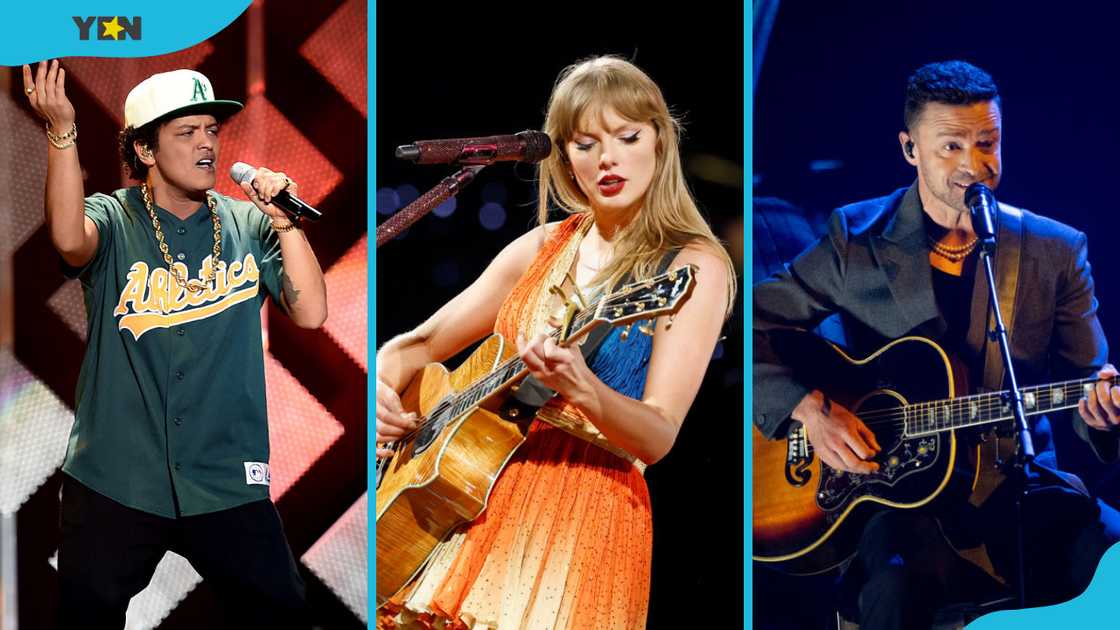 Bruno Mars (L), Taylor Swift (M), and Justin Timberlake (R) are among the artists who have songs that use hyperbole. Bruno Mars (L), Taylor Swift (M), and Justin Timberlake (R) are among the artists who have songs that use hyperbole.