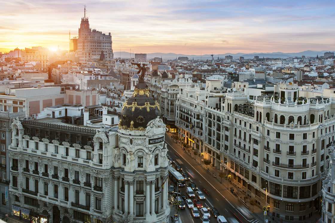 Skyline of Madrid with Metropolis Building and Gra