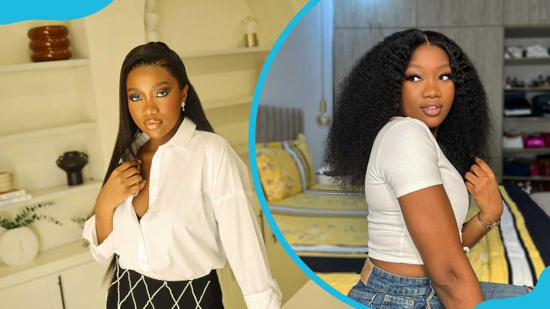 Chinenye Nnebe in white tops and black and blue bottoms Chinenye Nnebe in white tops and black and blue bottoms