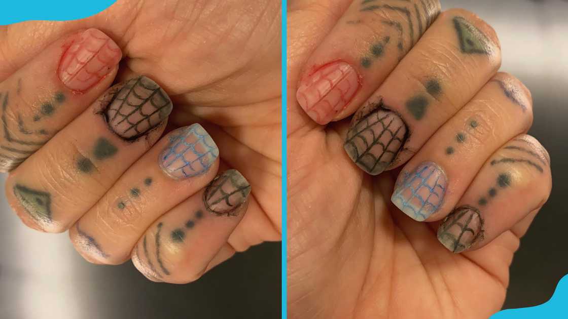 Multi-coloured spiderweb nail tattoo Multi-coloured spiderweb nail tattoo