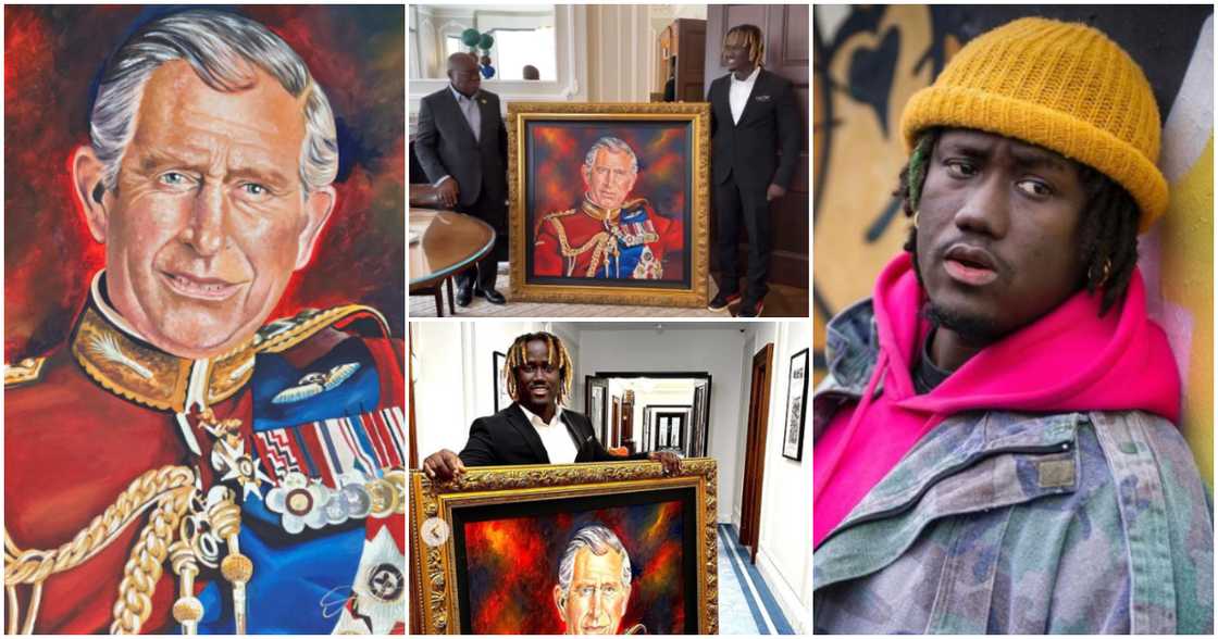 Photos of Ghanaian artist Anthony Jefferson Hanson and the portrait of UK's King Charles III.