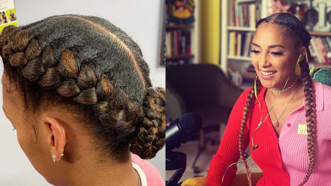 Two braids style using brown braid Two braids style using brown braid